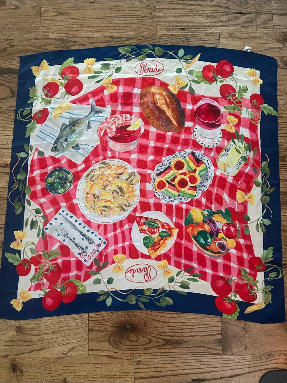 Parade Picnic Tomato Pasta  Print Square Kitchen Scarf - Red, Navy, White